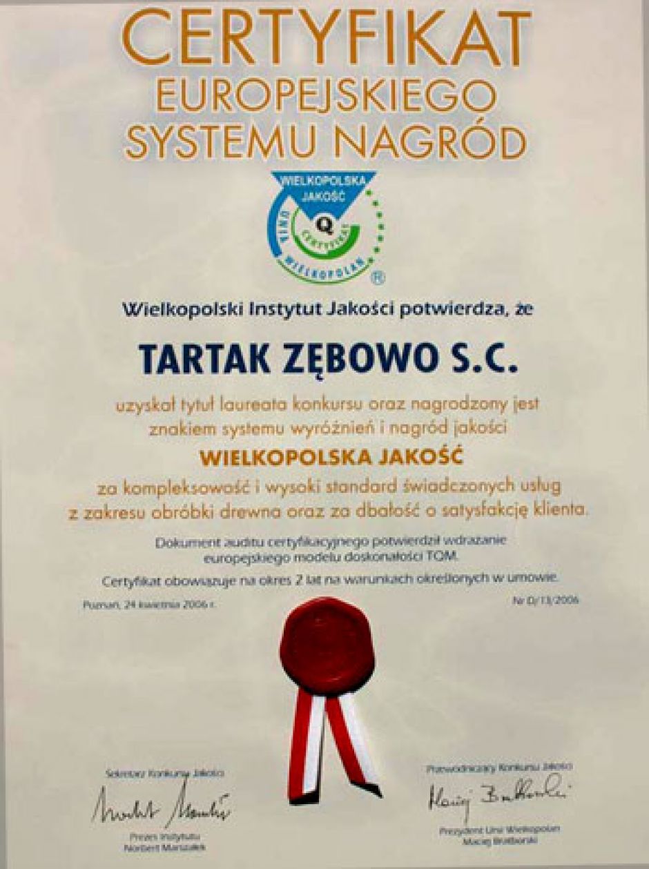 Certyfikat Wielkopolskiego Instytutu Jakości
