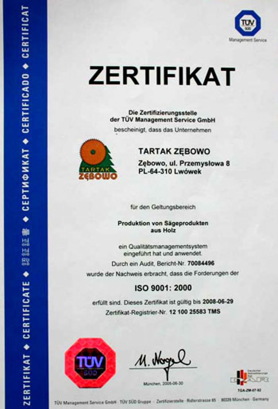 Certyfikat za wdrożenie i stosowanie Systemu Zarządzania Jakością ISO 9001:2000