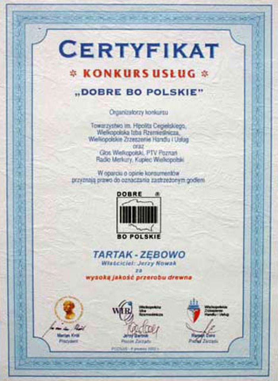 Certyfikat konkursu „NAJLEPSZE W POLSCE”